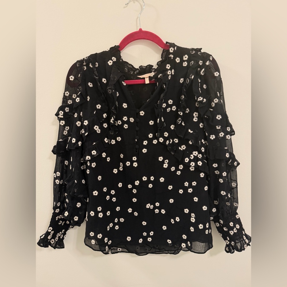 Rebecca Taylor Alessandra Ruffle Floral Blouse | Black | Size 4 - Picture 3 of 6